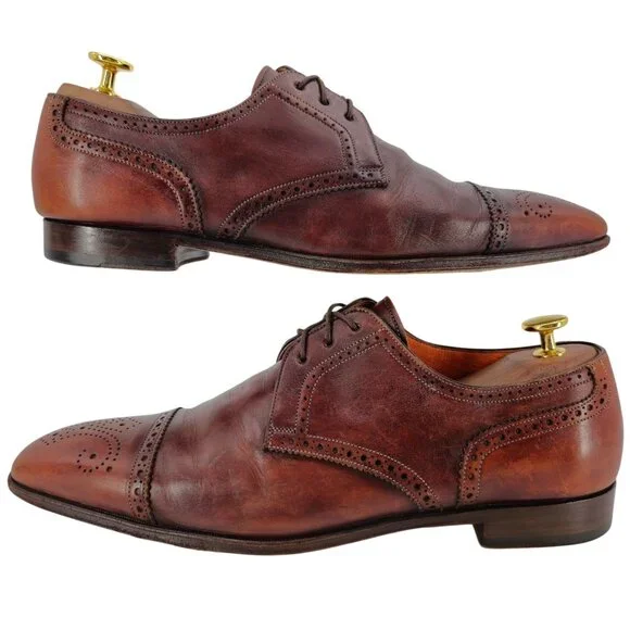 Santoni Italy Antiqued Brown Leather Dress Shoes 8 Cap-toe Brogue Derby Oxfords